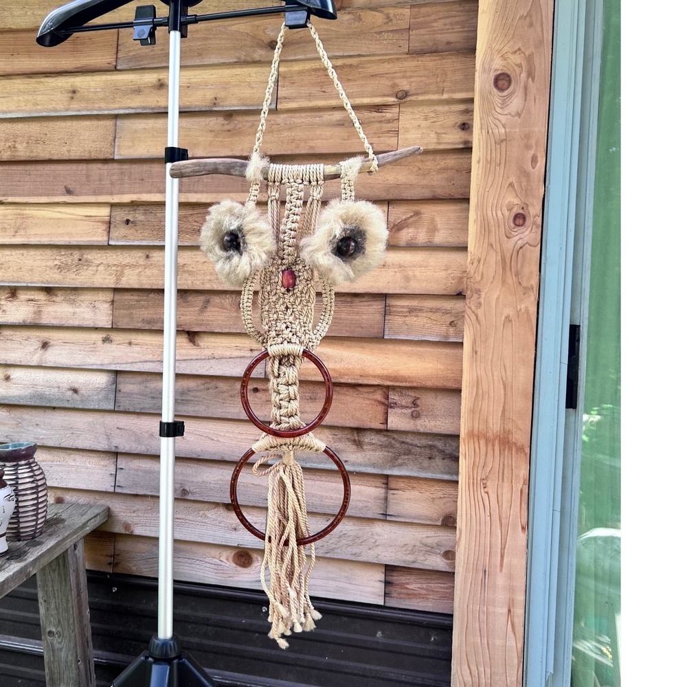 Vintage Macrame Owl Wall Art Towel Ring Large Beige MCM Boho Retro Kitsch Decor
